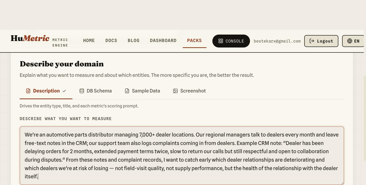 Describe step, Description tab: free text explaining the distributor's situation with an example CRM note