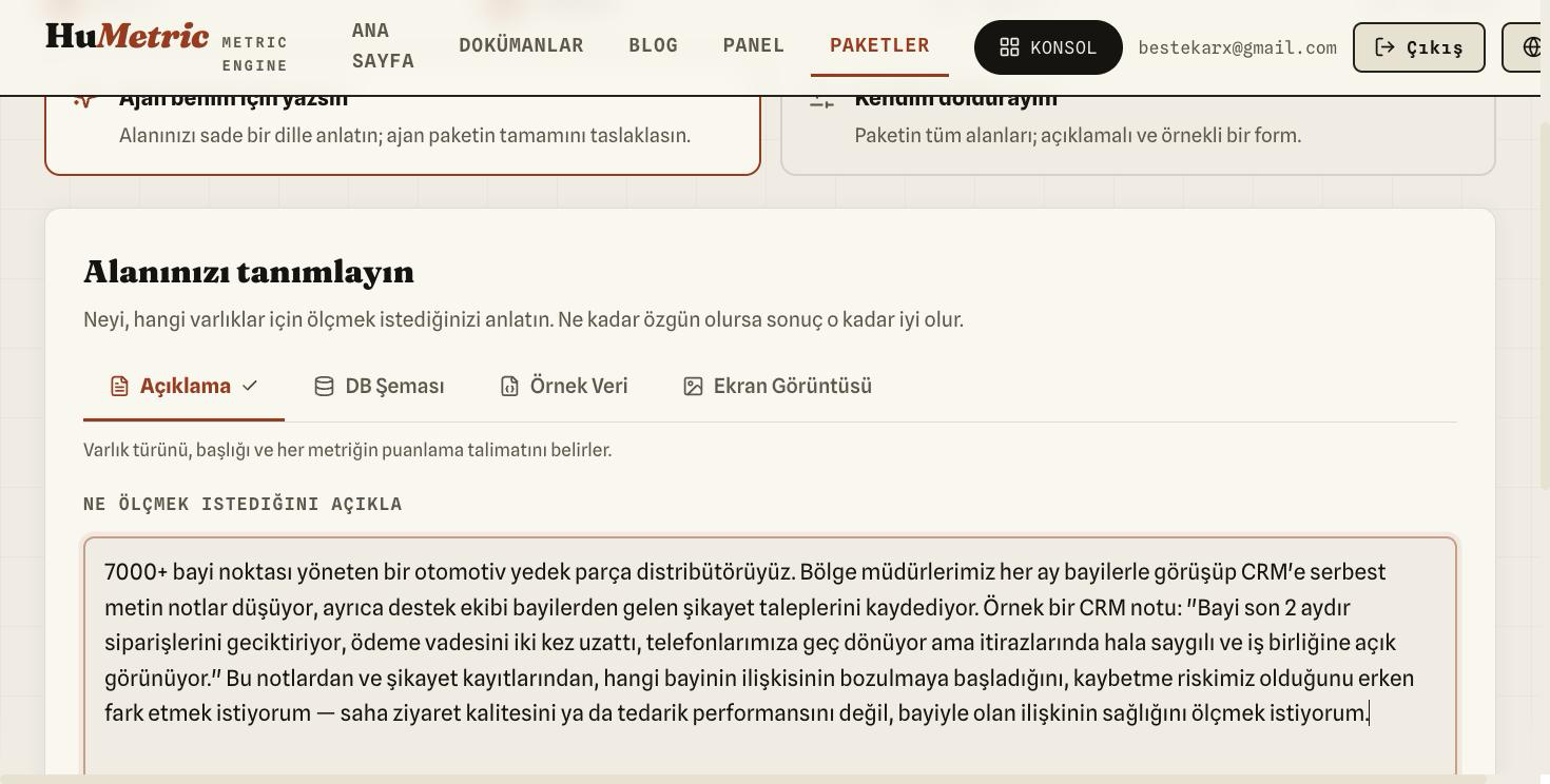 Tanımla adımı, Açıklama sekmesi: distribütörün durumunu ve örnek bir CRM notunu anlatan serbest metin