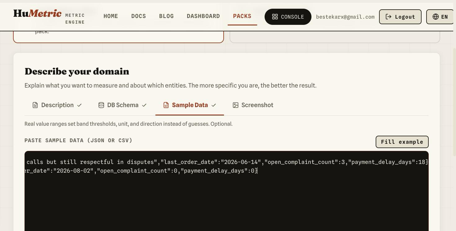 Describe step, Sample Data tab: two rows of sample dealer JSON, all three tabs checked off