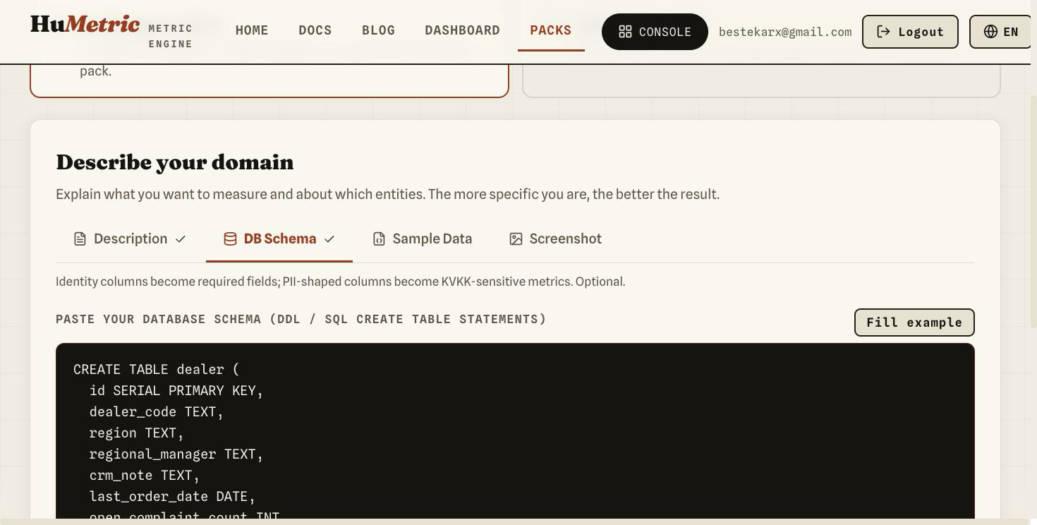 Describe step, DB Schema tab: CREATE TABLE definition for the dealer table