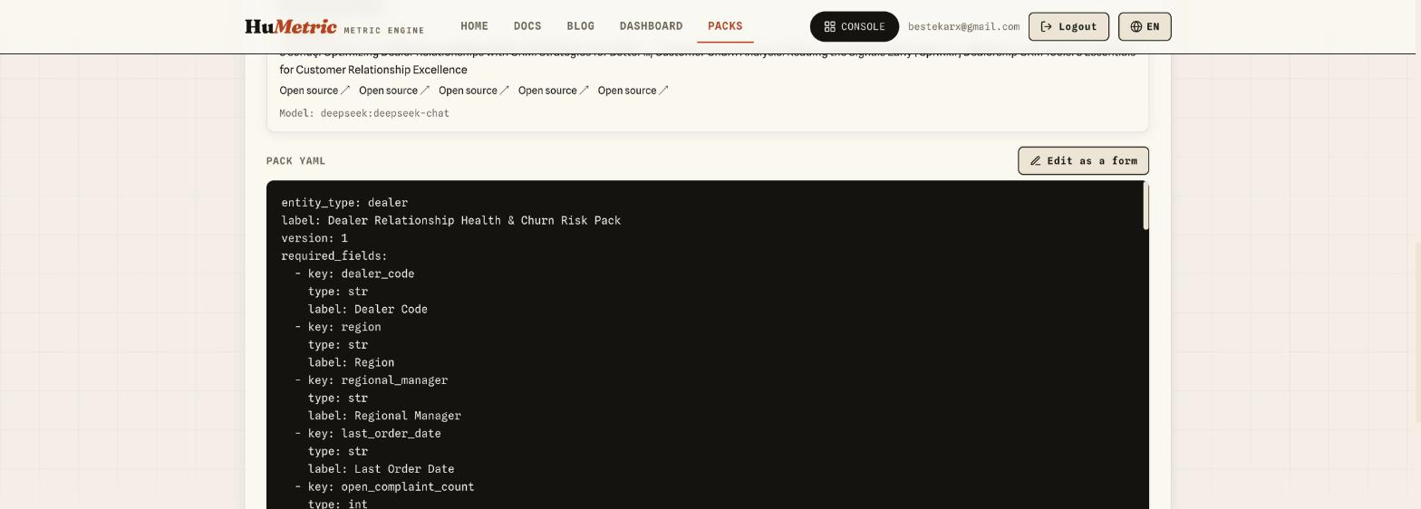 Start of the generated Metric Pack YAML: entity_type dealer, label, required_fields